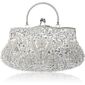 8773 Beaded Sequin Design Flower Evening Purse Large Clutch Bag